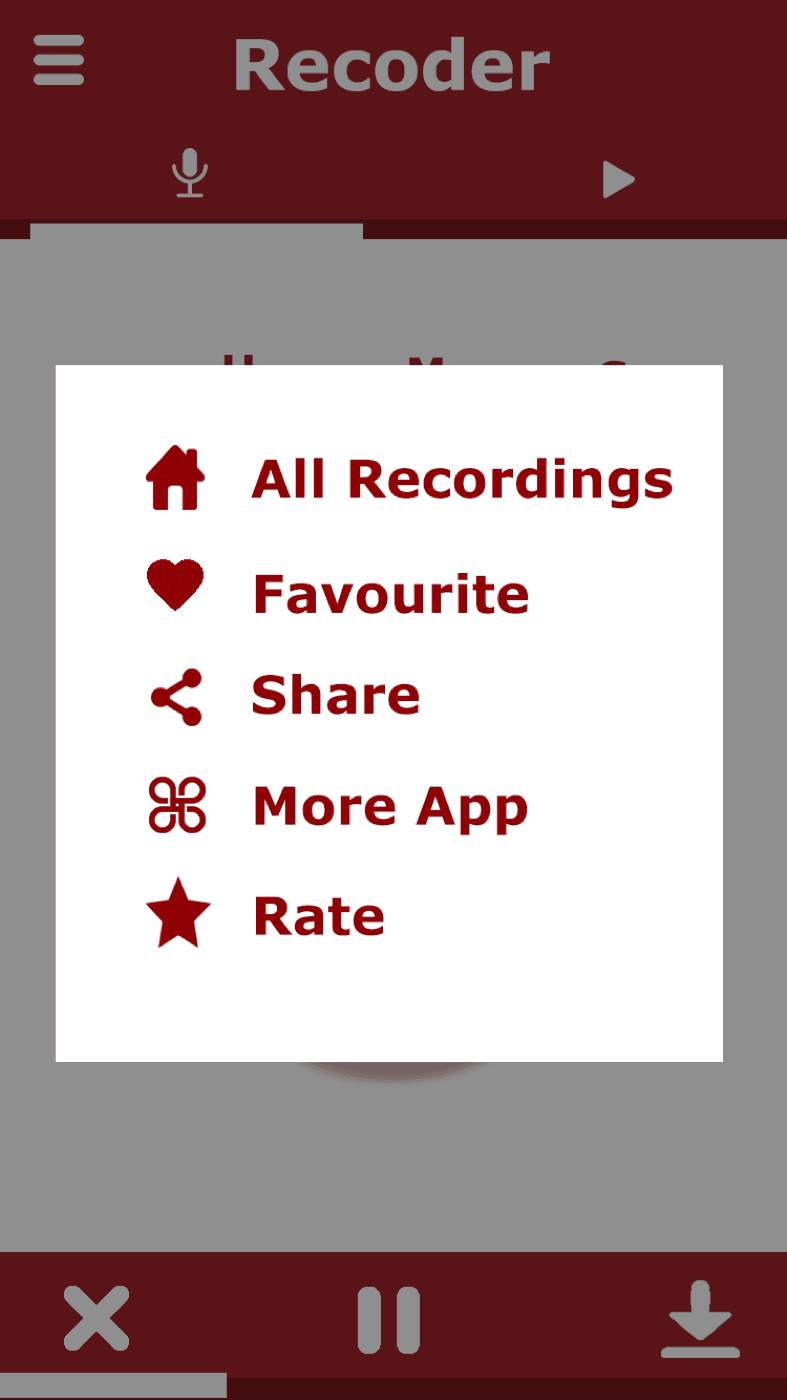 Recorder — Menu: all recordings, favourites, share