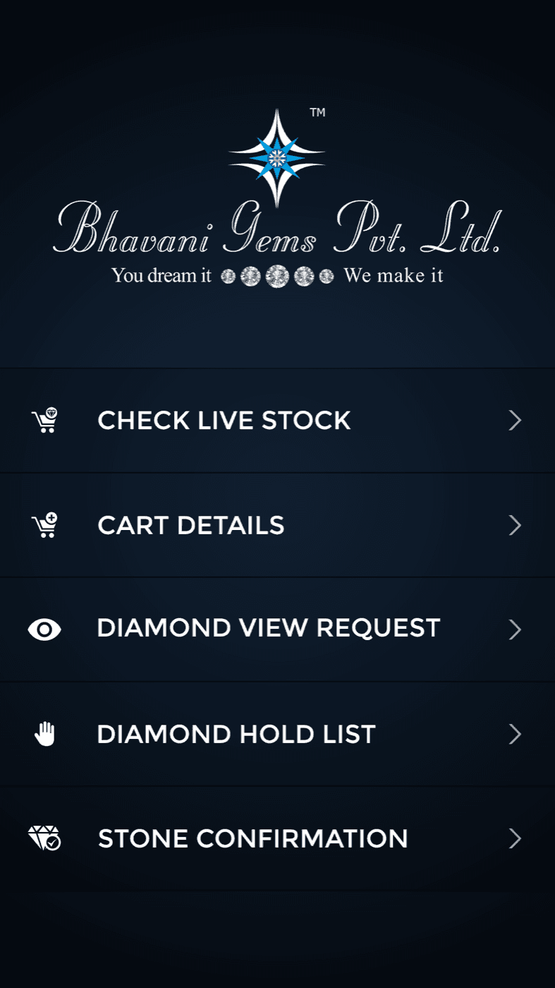 Bhavani Gems — Main menu: live stock, cart, view requests, hold list, confirmations