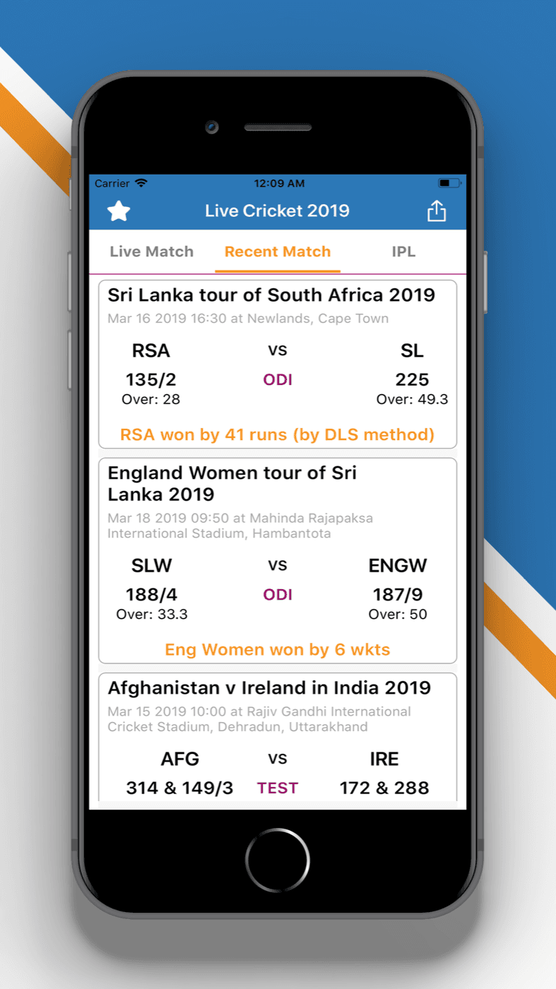 Live Cricket 2019 — Recent match results