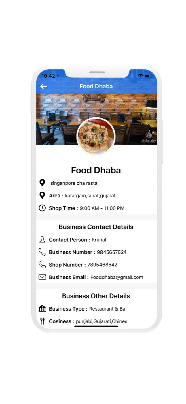 TakeOn — Business detail with contact and opening hours