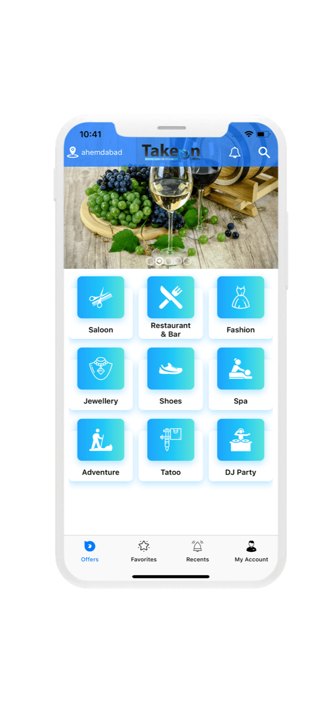 TakeOn — Home with categories: salon, restaurant & bar, fashion, jewellery, spa and more